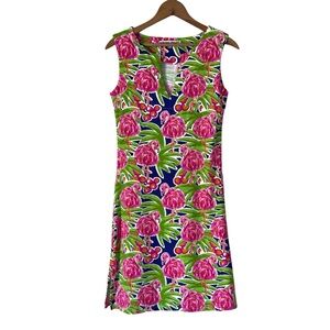 Barbara Gerwit Tropical Flamingo Dress Womens XS Pink Green Vibrant Resortwear